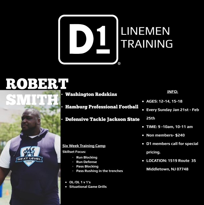 d1 linemen training ages 12-14, 15-18 every sunday jan 21st - Feb 25th at 9-10am and 10-11am
