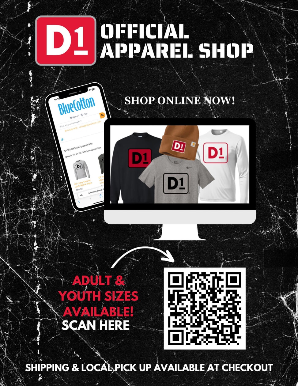 D1 Official Apparel shop flyer with QR code