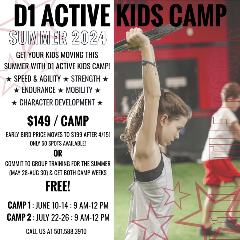 D1 Active Kids Camp, $149 per camp, june 10-14, july 22-26, call at 501-588-3910