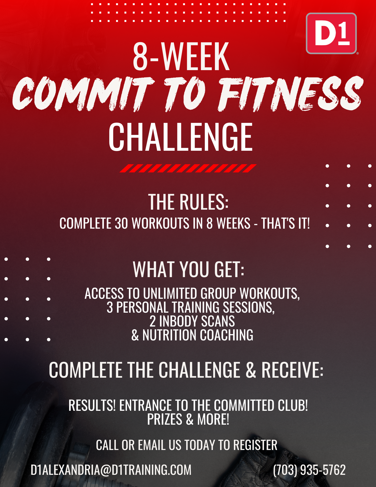 8-Week Commit to Fitness Challenge Flyer, Contact D1 Alexandria for More Info