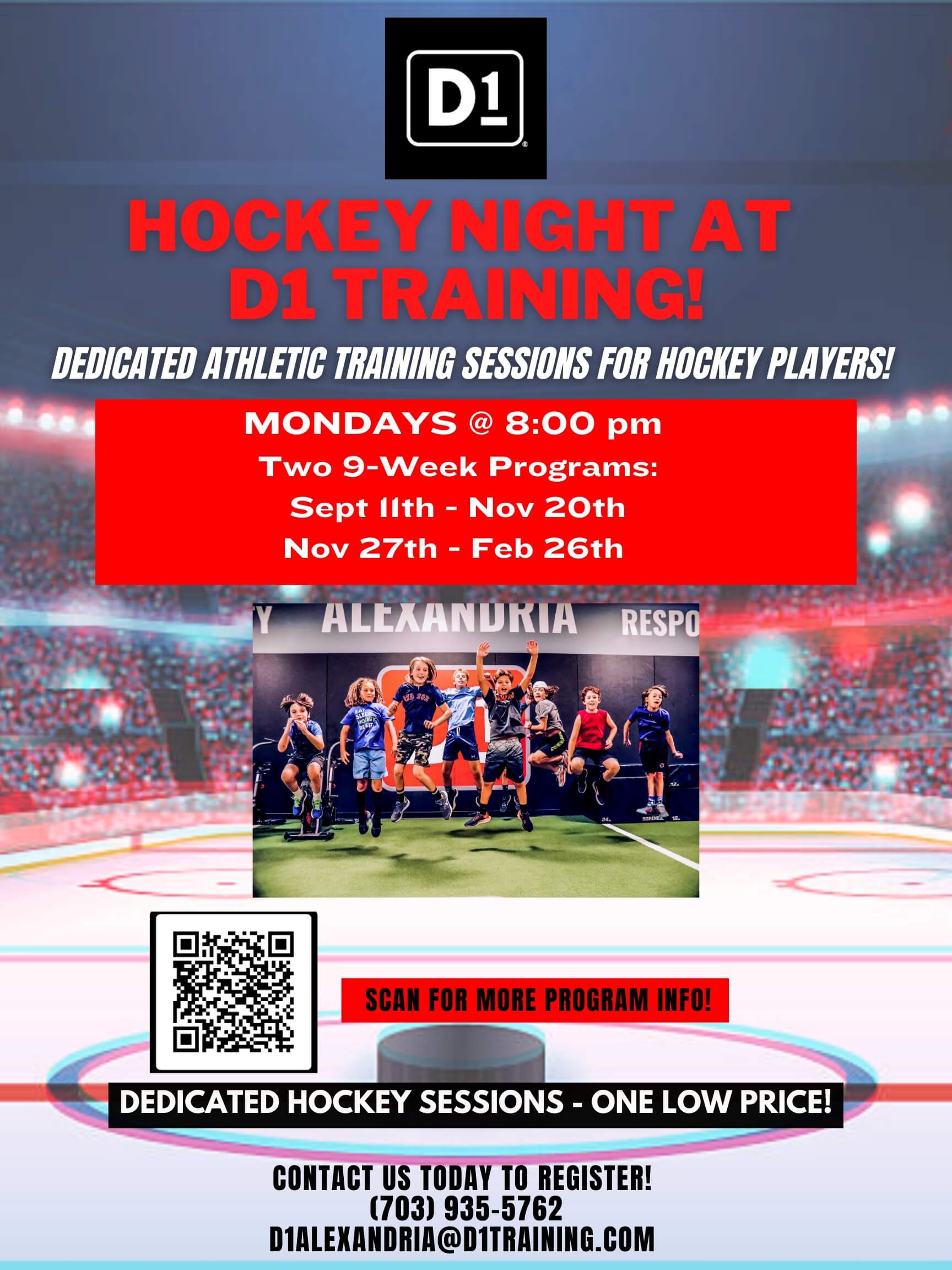 D1 Alexandria Hockey Night Special flyer - Scan QR code for more program info