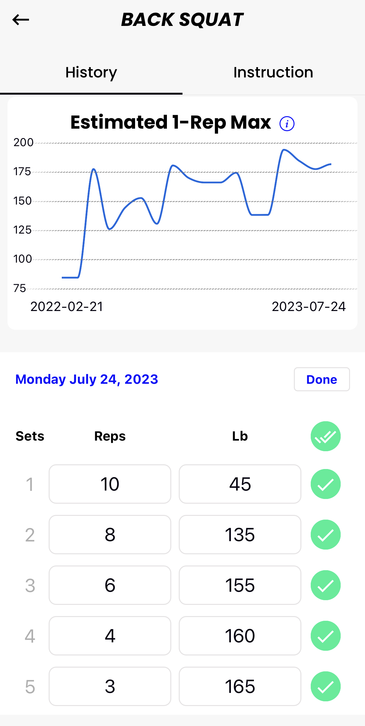 screenshot of workout tracking app