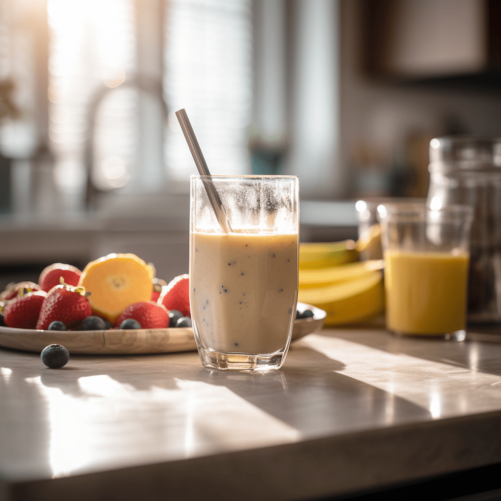 Smoothie and Fruit on Counter